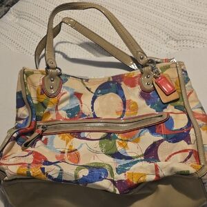 Coach Poppy Stamped Signature C Hallie East/West Tote Bag Multicolor